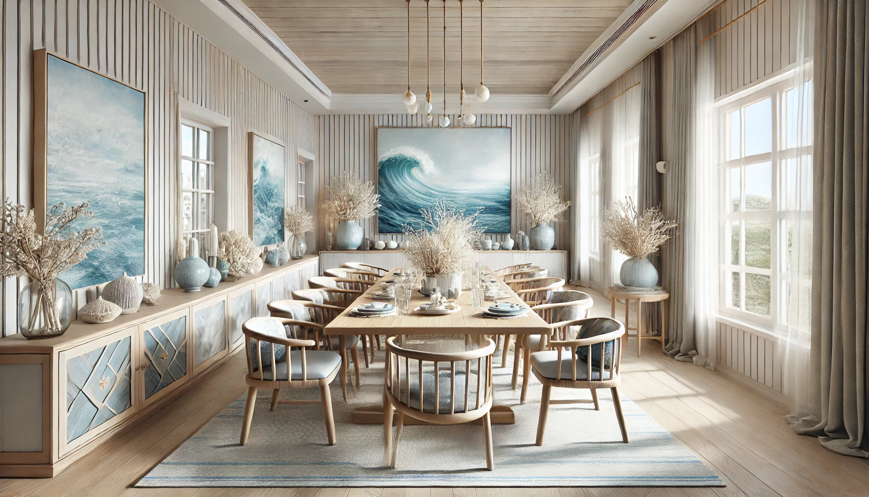 Elegant Coastal Dining Area Featuring Soft Blue And White Tones, Natural Wood Furniture, And Ocean Inspired Decor.