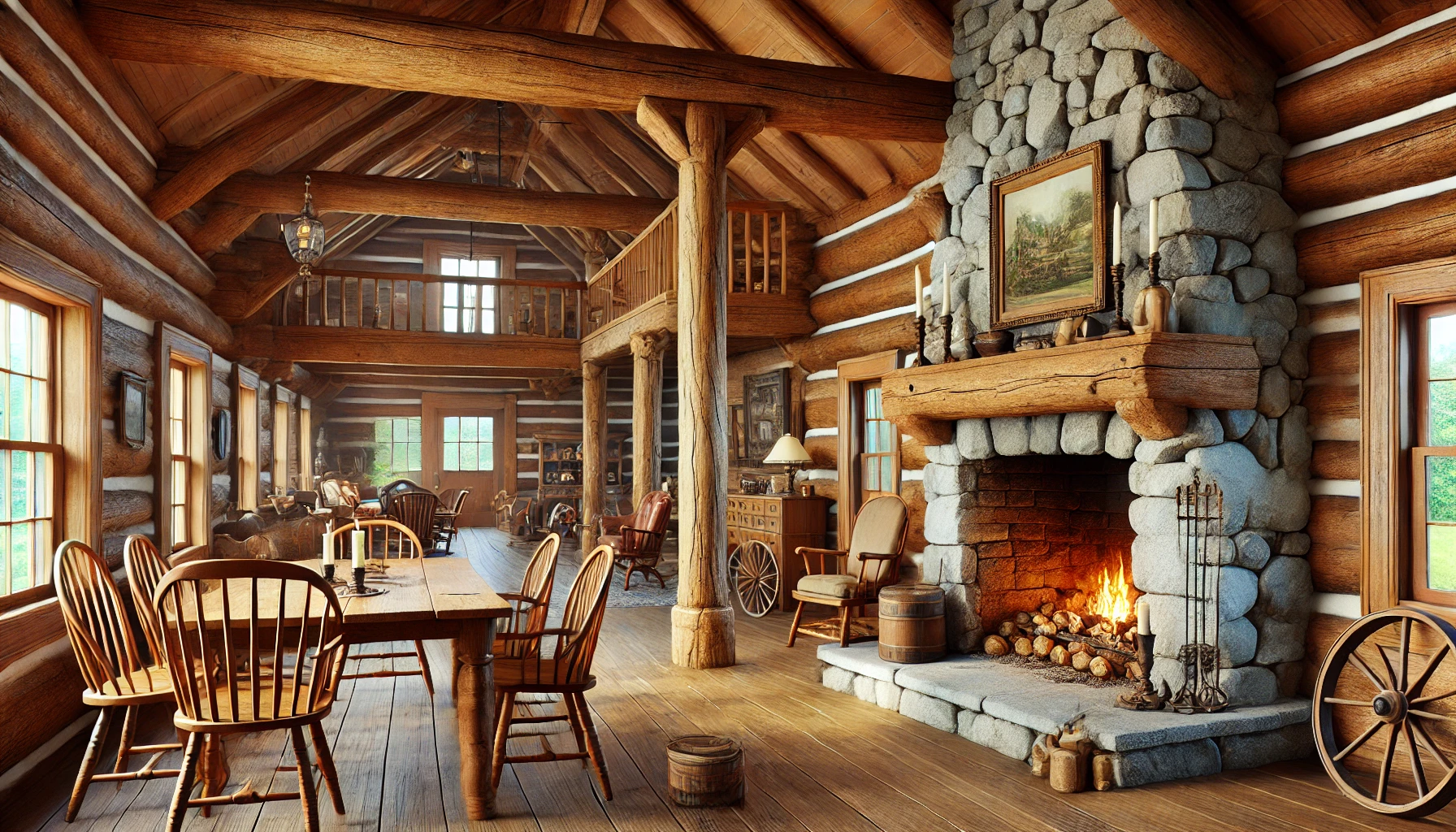 Historic Log Cabin With Wooden Beams, A Large Stone Fireplace, And Rustic Furniture.