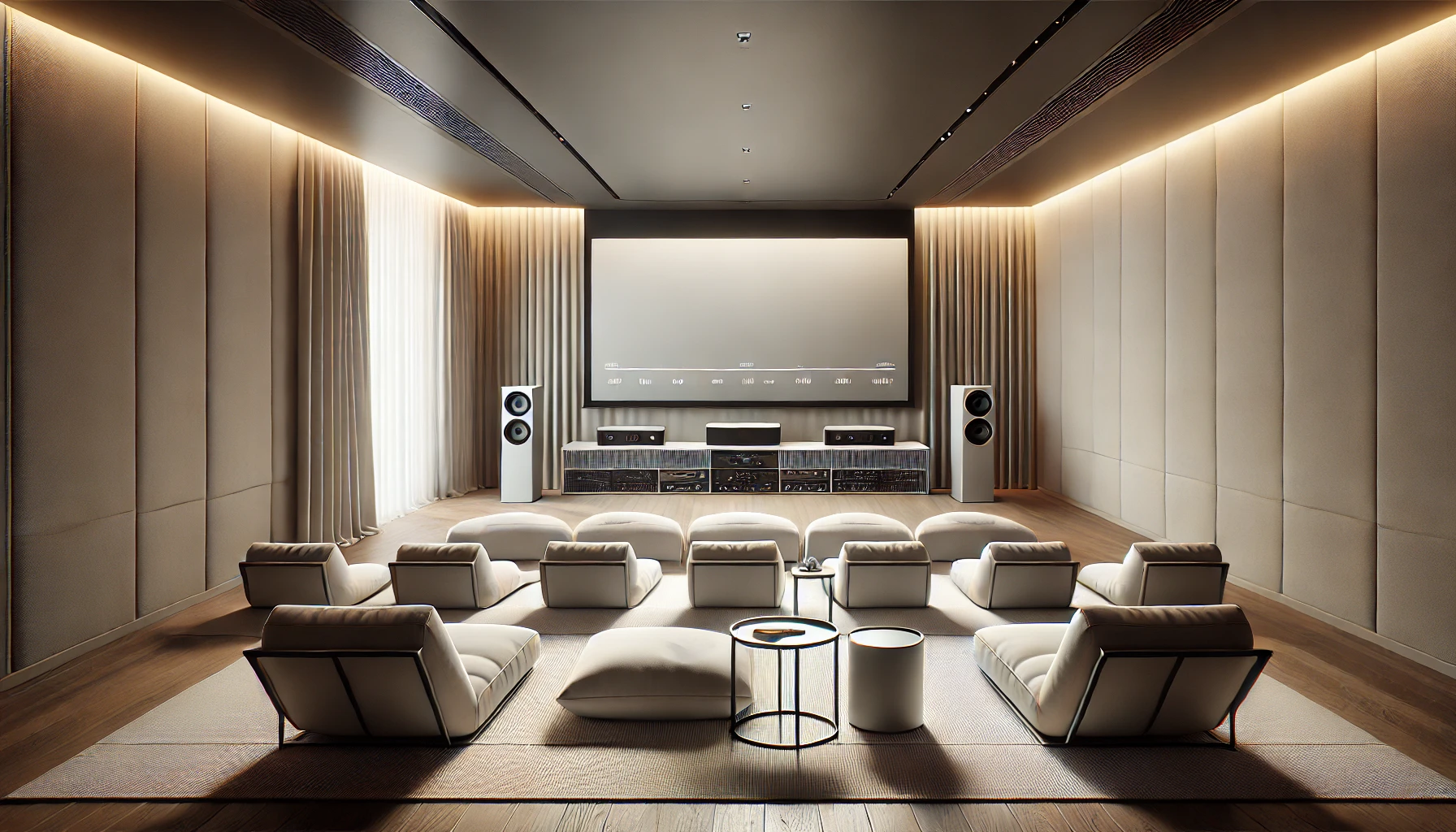 Home Theater Image With Minimalist Furniture And A Modern, Well Lit Space.