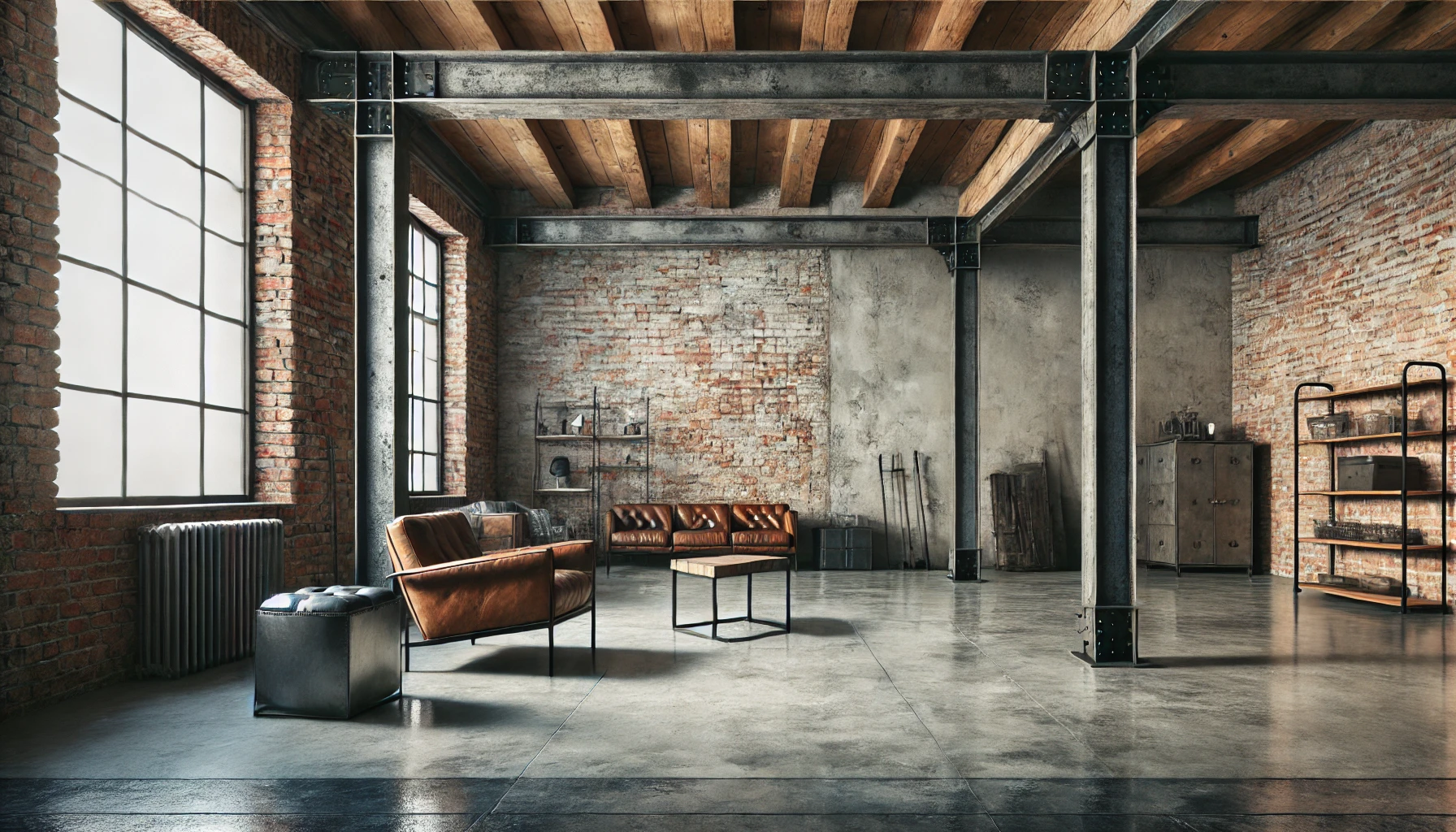 Industrial Style Room Showcasing Key Materials Like Exposed Brick, Polished Concrete Floors, Wooden Beams, And Steel Framed Furniture In Their Natural State.