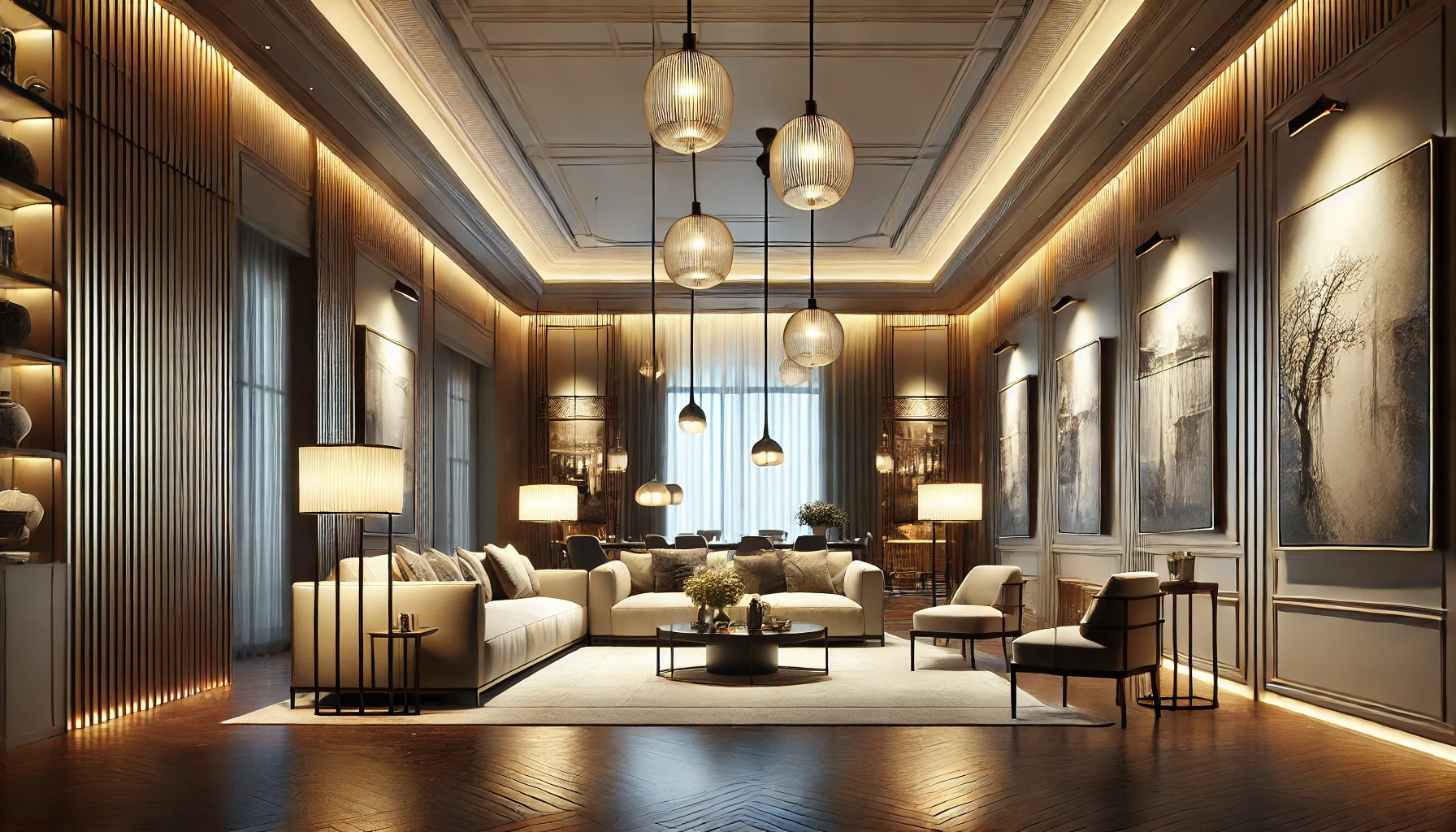 Living Room With Accent Lighting Highlighting Artwork On The Walls And Pendant Lights Drawing Attention To The High Ceiling.