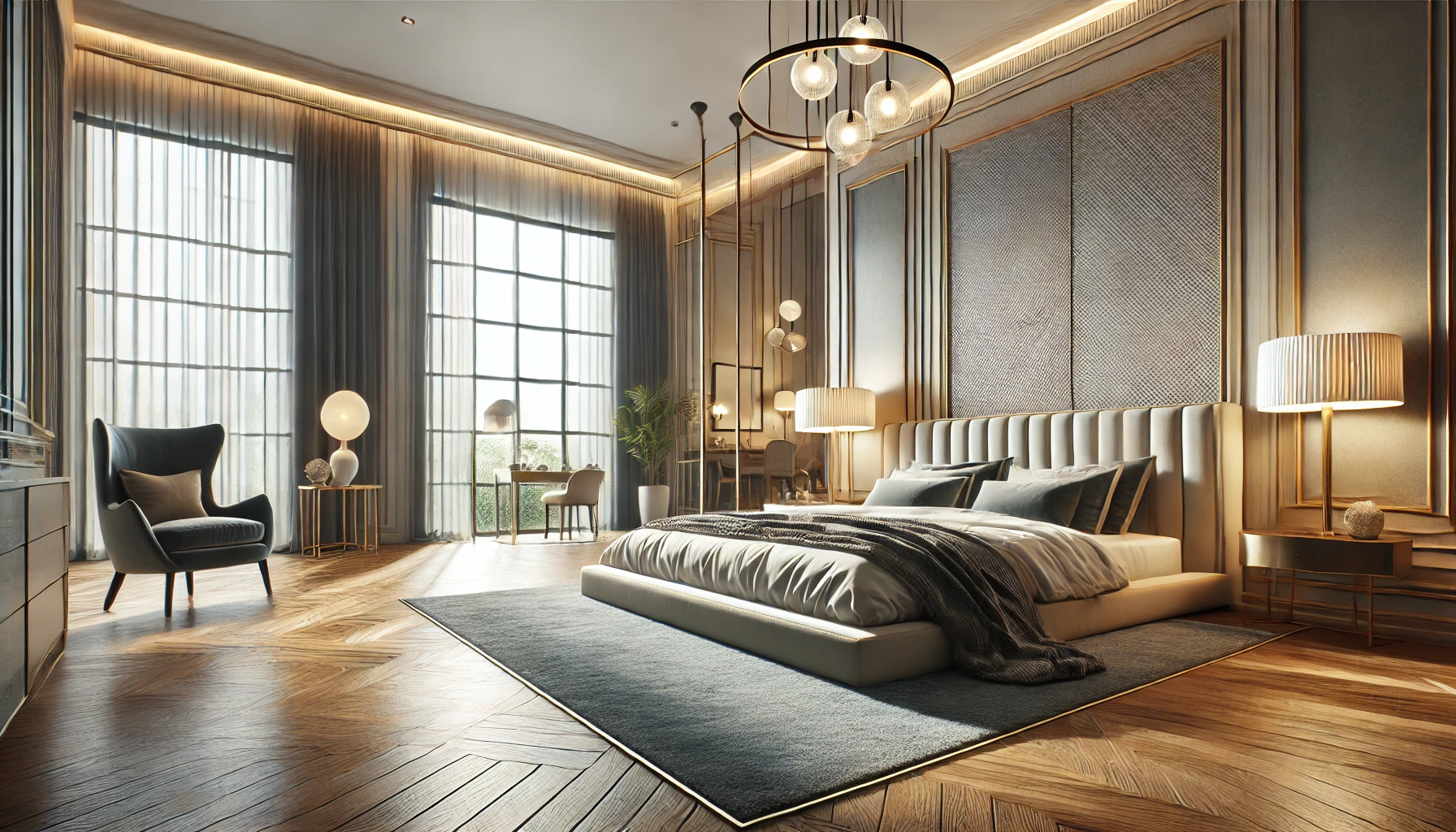 luxurious bedroom featuring high-end materials and designer elements.