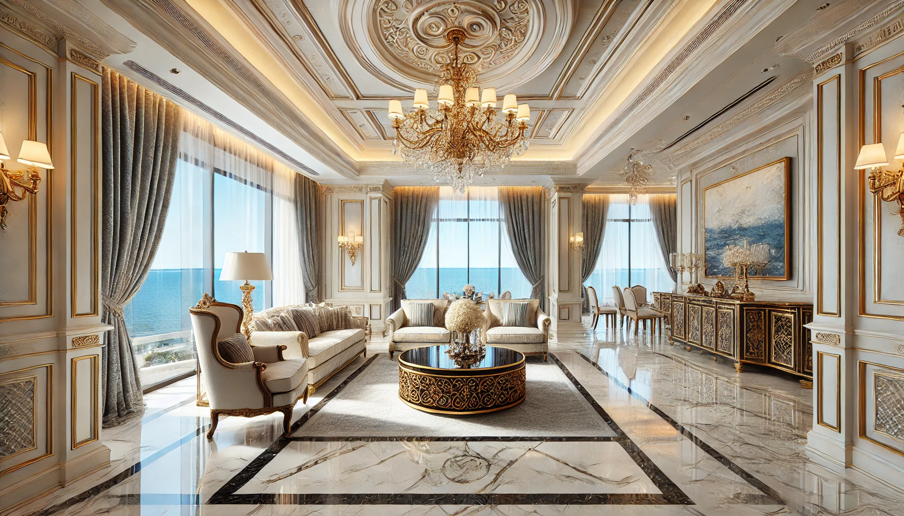 Luxurious Coastal Home With High End Finishes, A Grand Chandelier, Marble Flooring, And Elegant Furniture. Large Windows Offer Panoramic Ocean Views, While The Decor Exudes Opulence With Gold Accents