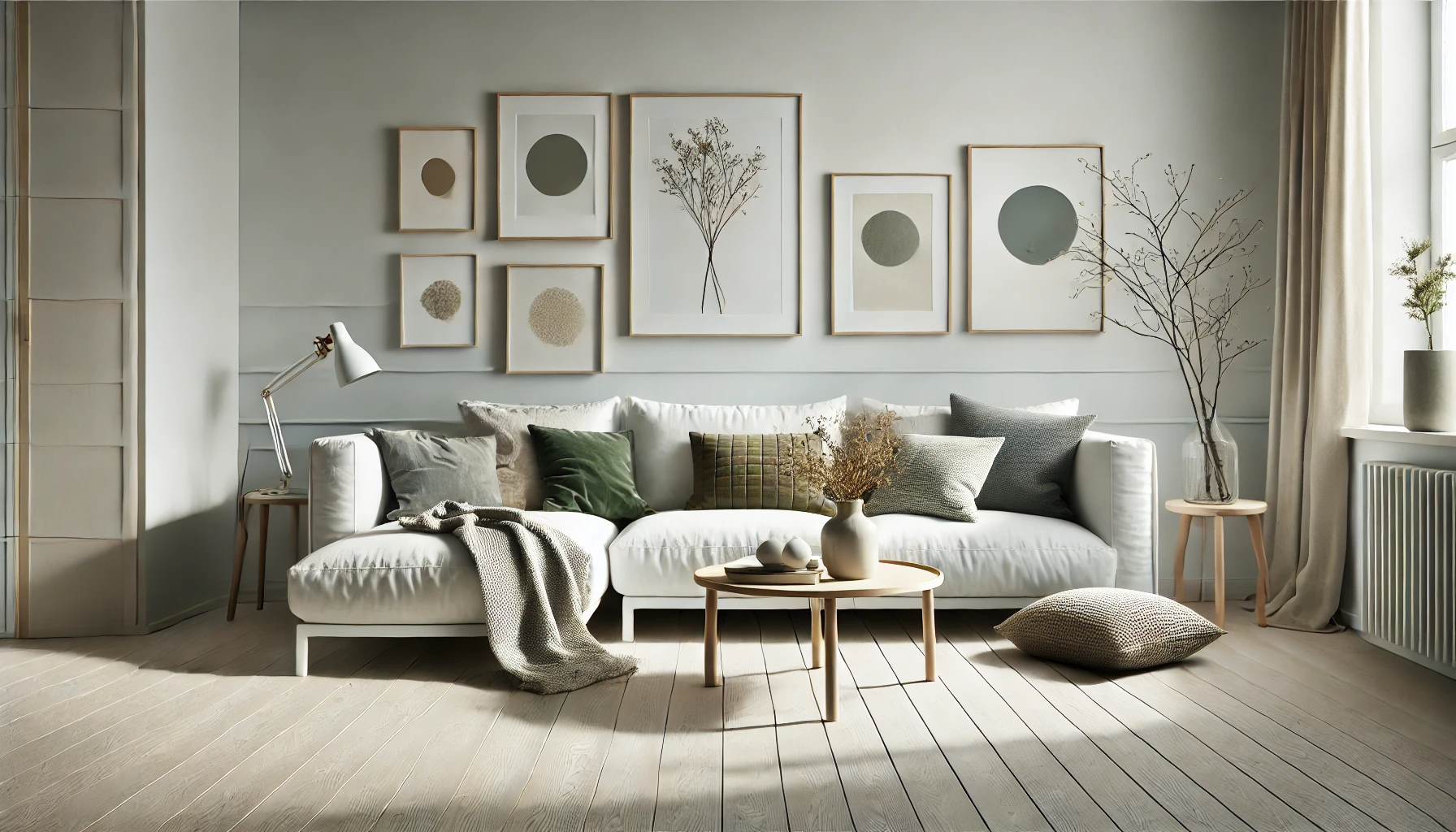 Minimalist Scandinavian Living Room Featuring A Neutral Color Palette Of Whites, Greys, And Earthy Tones, With Subtle Pops Of Muted Greens And Blues In The Decor.