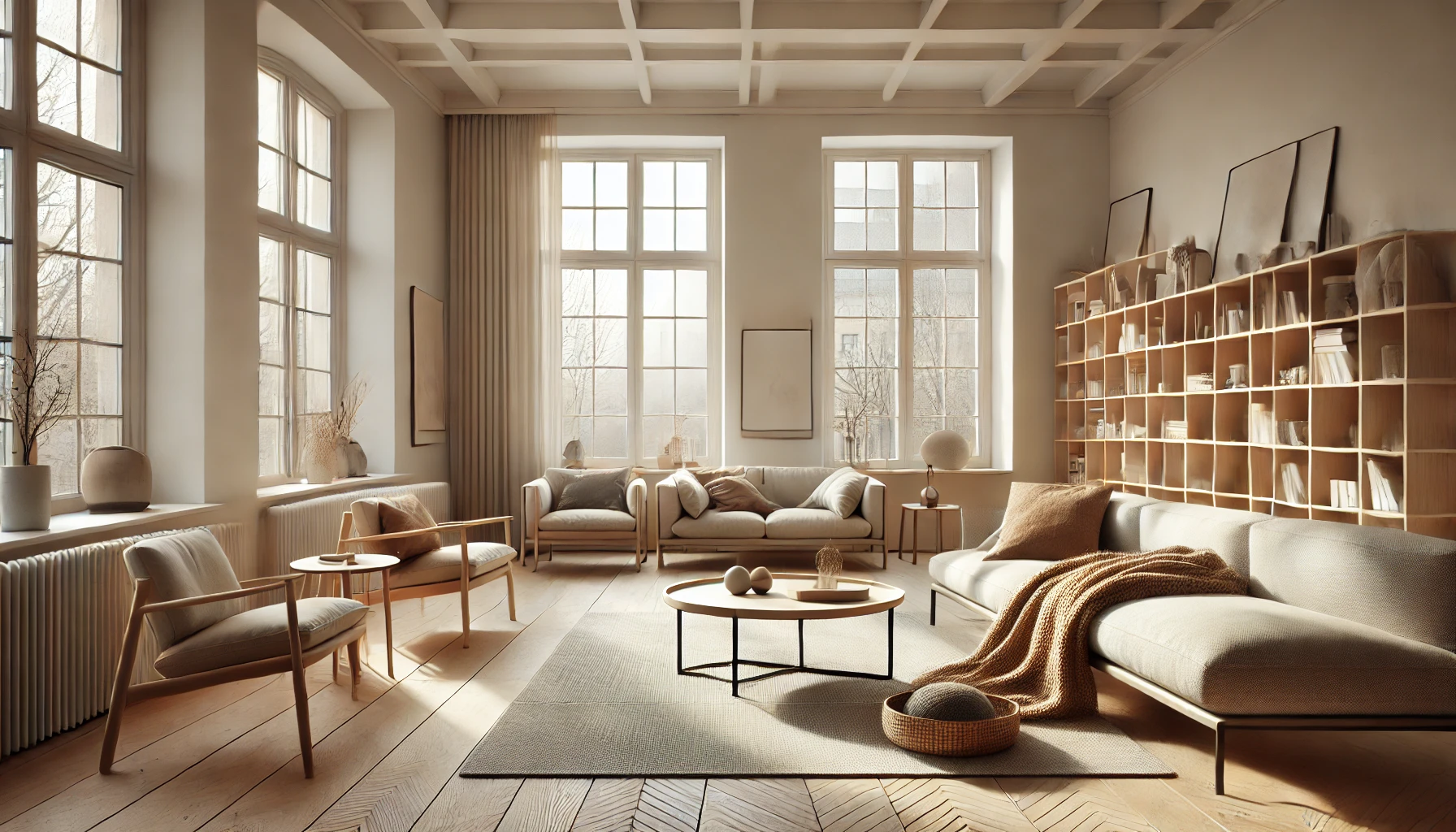 Minimalist Scandinavian Living Room With Light Colored Wood Floors, Large Windows, And Simple, Functional Furniture In A Neutral Palette, Enhanced By Warm Textures Like Wool Blankets And Cushions.