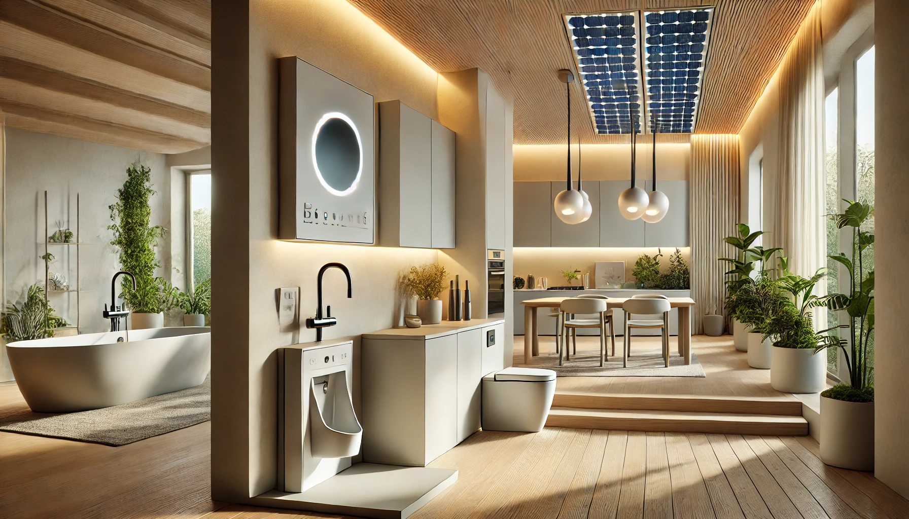 Minimalist, Eco Conscious Home Interior, Showcasing Energy Efficient Appliances, Solar Powered Lighting, And Low Flow Water Fixtures In A Clean, Modern Setting.