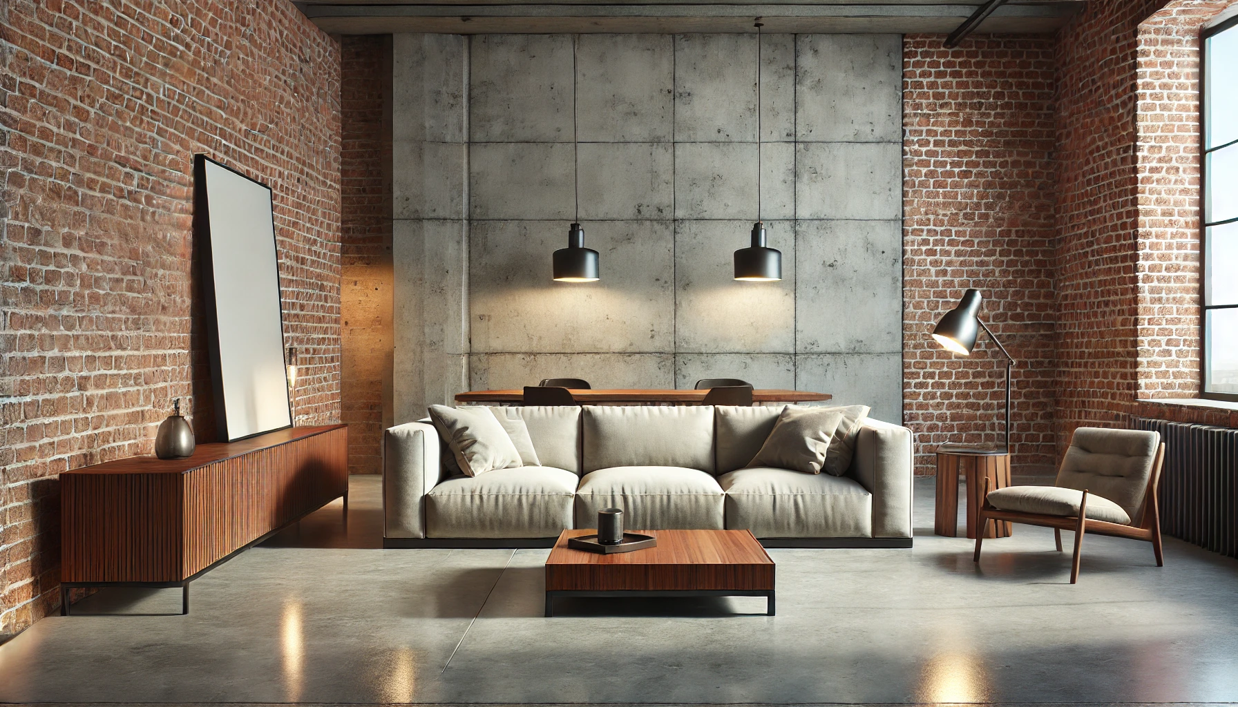 Minimalist Industrial Style Living Room Featuring A Single Sofa, Exposed Brick Walls, A Concrete Floor, And A Wooden Coffee Table.