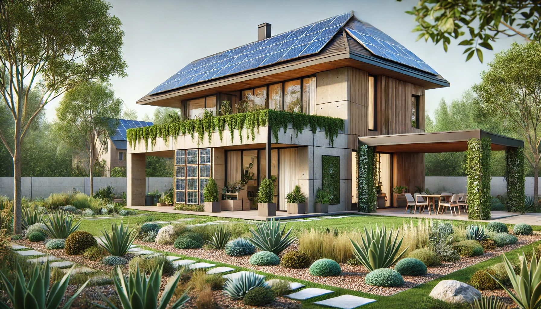 Modern Eco Friendly Home Featuring Solar Panels, A Drought Resistant Garden, Energy Efficient Windows, And A Natural, Earthy Color Palette Using Recycled Materials.