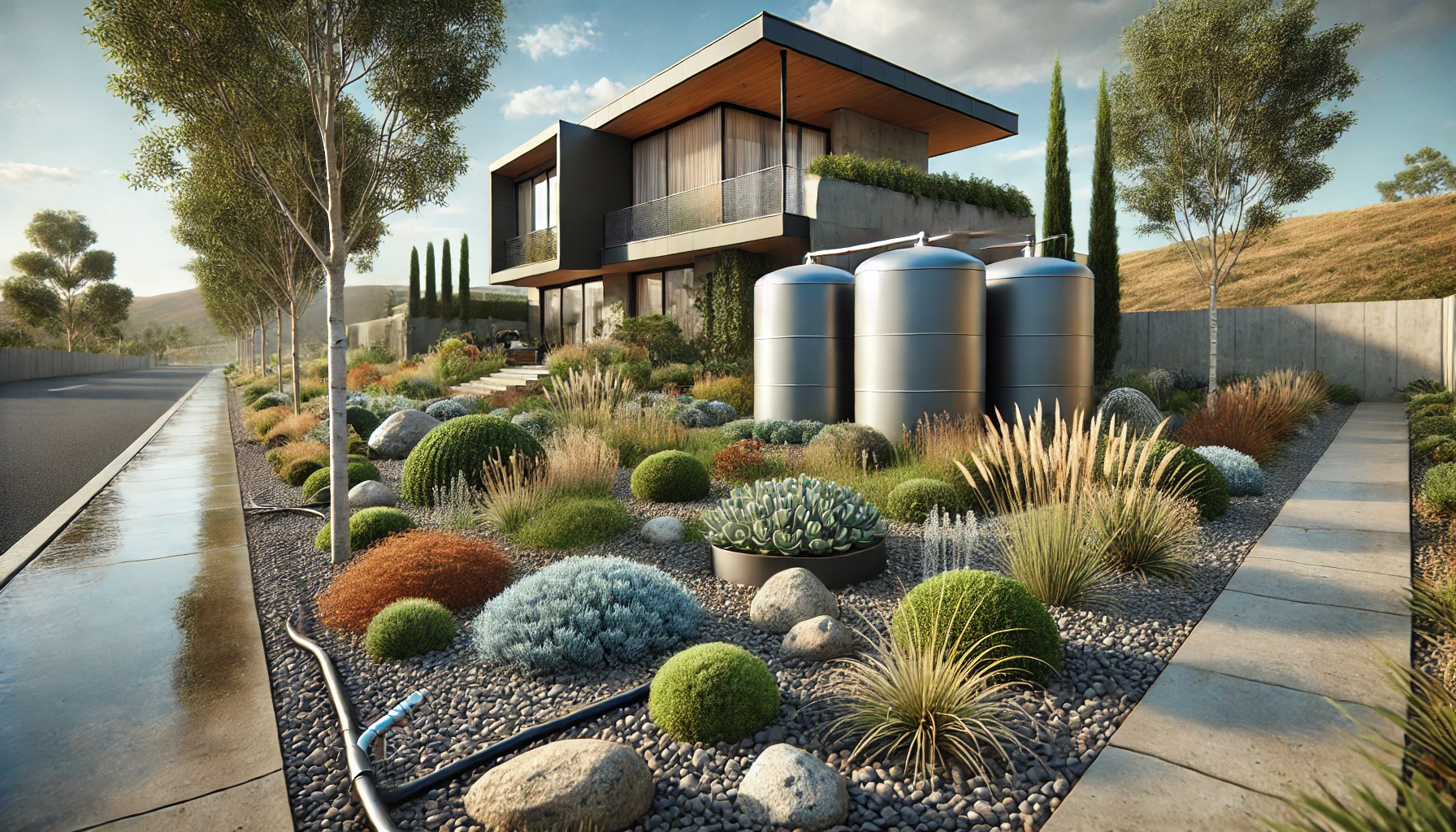 Modern Home Equipped With Rainwater Harvesting Tanks, Drought Resistant Landscaping, And Water Efficient Irrigation Systems, Showcasing Innovative Water Conservation Techniques.