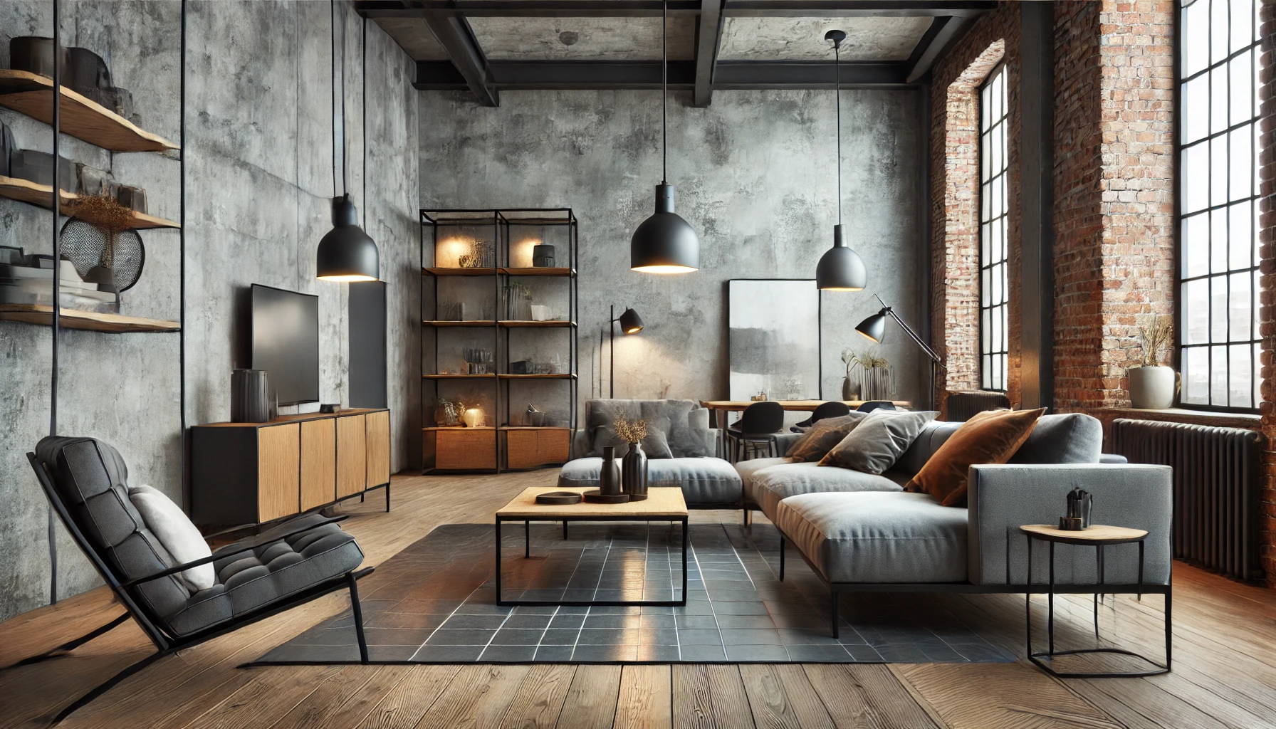 Modern Industrial Living Room With A Neutral Color Palette Of Gray, Black, And Brown, Featuring Exposed Brick Walls, Metal Furniture, And Wooden Accents.