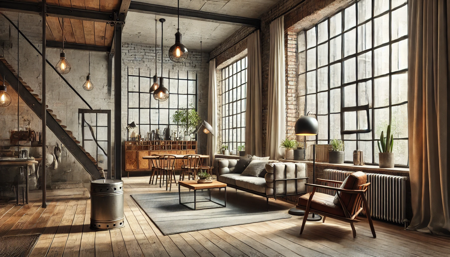 Modern Industrial Style Living Room With Metal Framed Windows, Exposed Brick Walls, And Wooden Furniture.