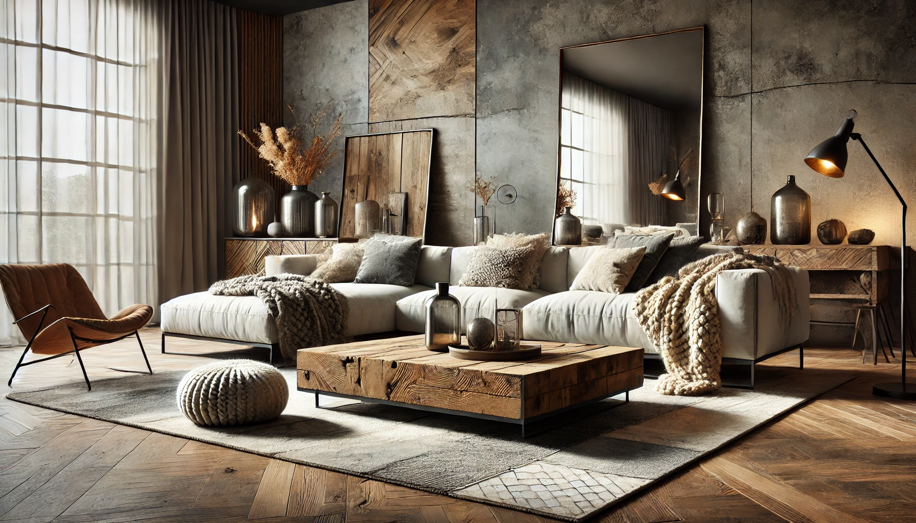 Modern Living Room With Rustic Accents Like A Reclaimed Wood Coffee Table, Woolen Throws, And Metal Framed Mirrors.