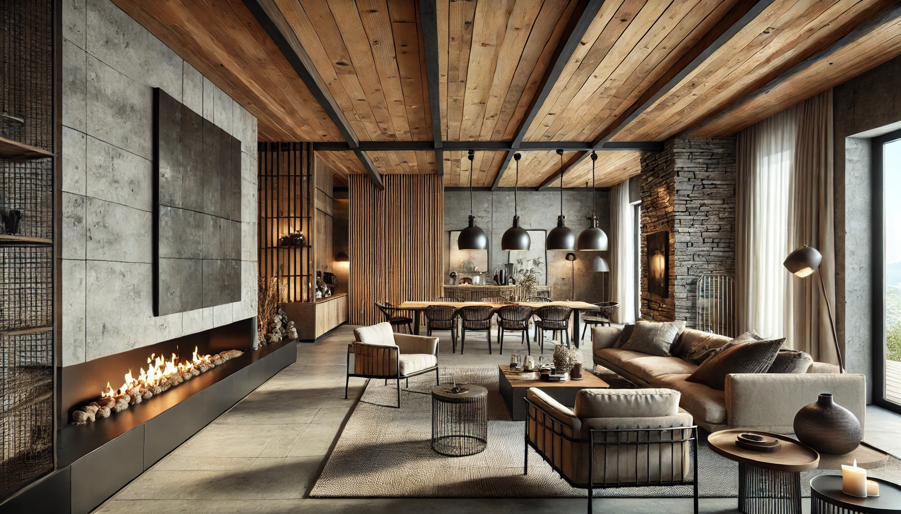 Modern Open Plan Living Room With Rustic Accents Like Reclaimed Wood Paneling, Sleek Metal Light Fixtures, And Stone Walls.