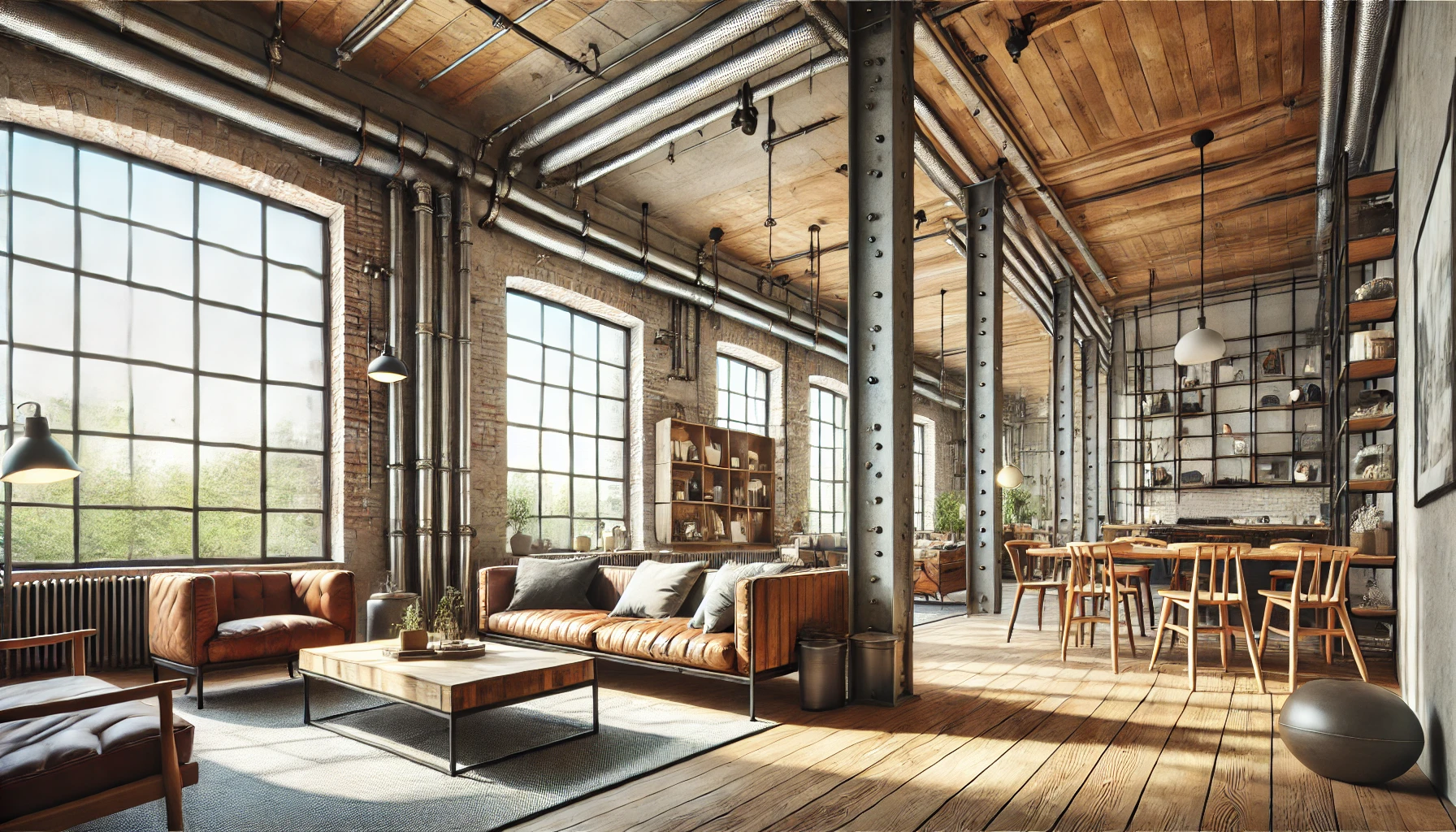 Open Plan Industrial Style Home Featuring Exposed Pipes, Brick Walls, And A Combination Of Wood And Steel Furniture.