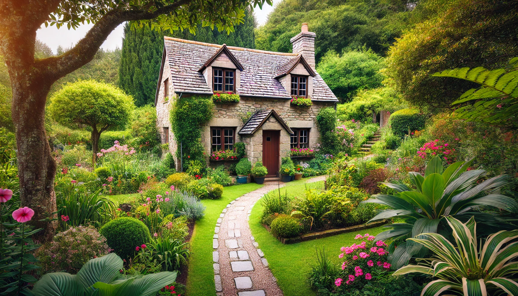 Picturesque Stone Cottage Surrounded By Lush Greenery, With A Quaint Garden Pathway Leading To The Front Door.