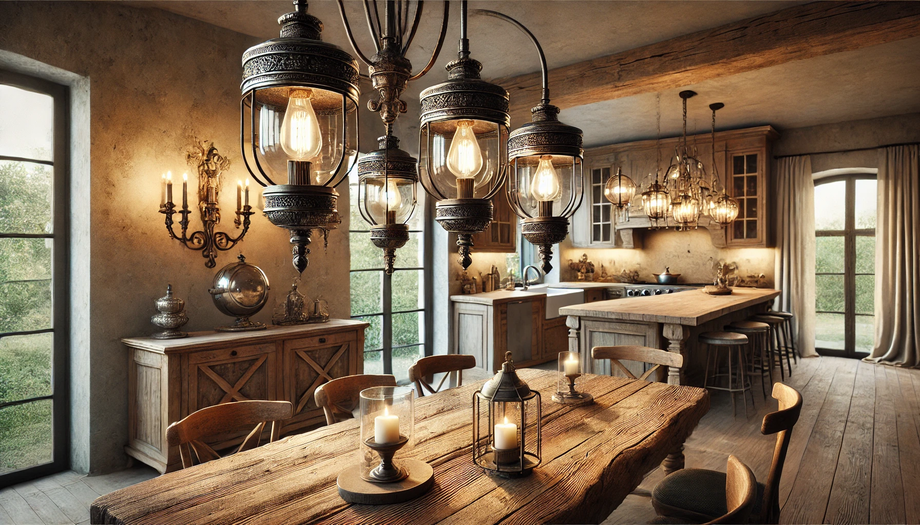 Rustic Kitchen Featuring Metal Pendant Lights, Vintage Style Sconces, And A Reclaimed Wood Dining Table.