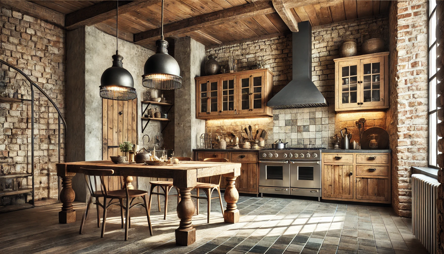 Rustic Kitchen Showcasing Natural Materials Like Wood, Stone, And Metal, With A Wooden Dining Table And Stone Countertops.