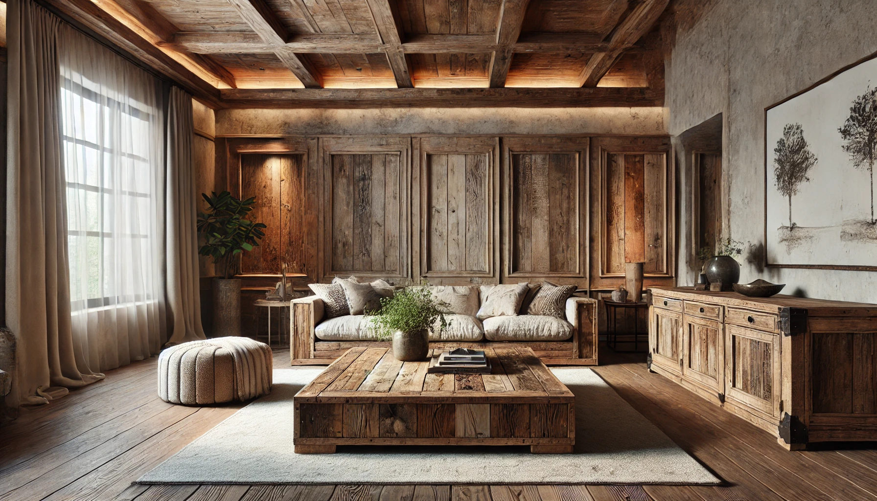 Rustic Living Room Featuring Reclaimed Wood Furniture And Refined, Weathered Details.