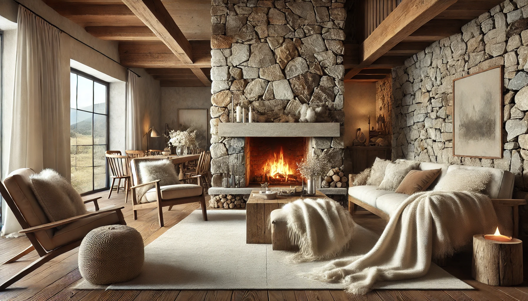 Rustic Living Room With A Large Stone Fireplace, Wooden Furniture, And Soft Wool Blankets, Creating A Warm And Inviting Atmosphere.