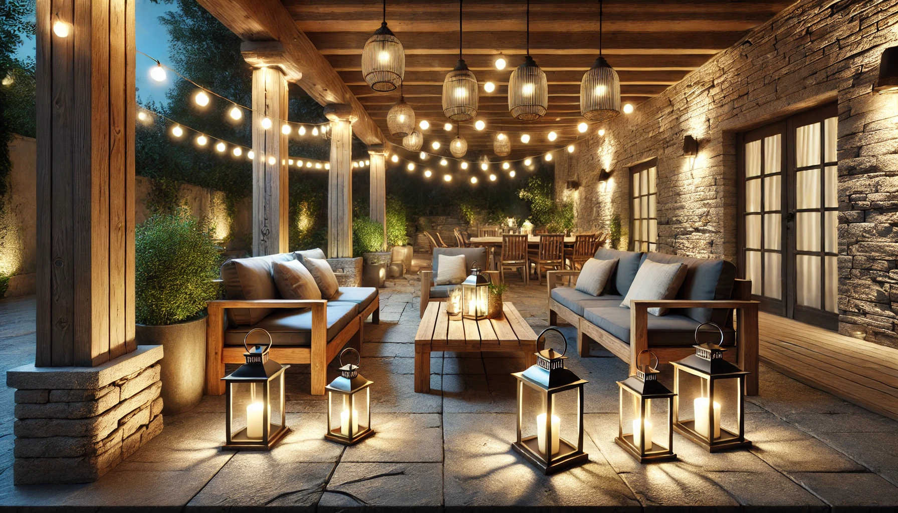 Rustic Outdoor Patio Illuminated By Lantern Style Sconces And String Lights, With Stone Walls And Wooden Furniture Blending Into The Natural Landscape.