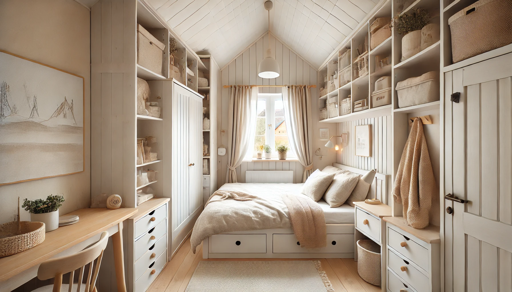 Small But Functional Cottage Bedroom Featuring Built In Storage Solutions And Light, Airy Decor.