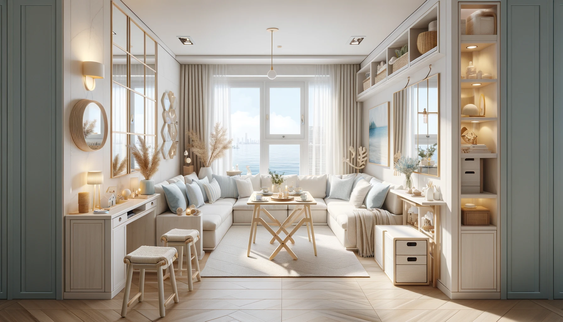 Small Coastal Inspired Home, Designed To Feel Airy And Spacious With Light Colors And Multifunctional Furniture.