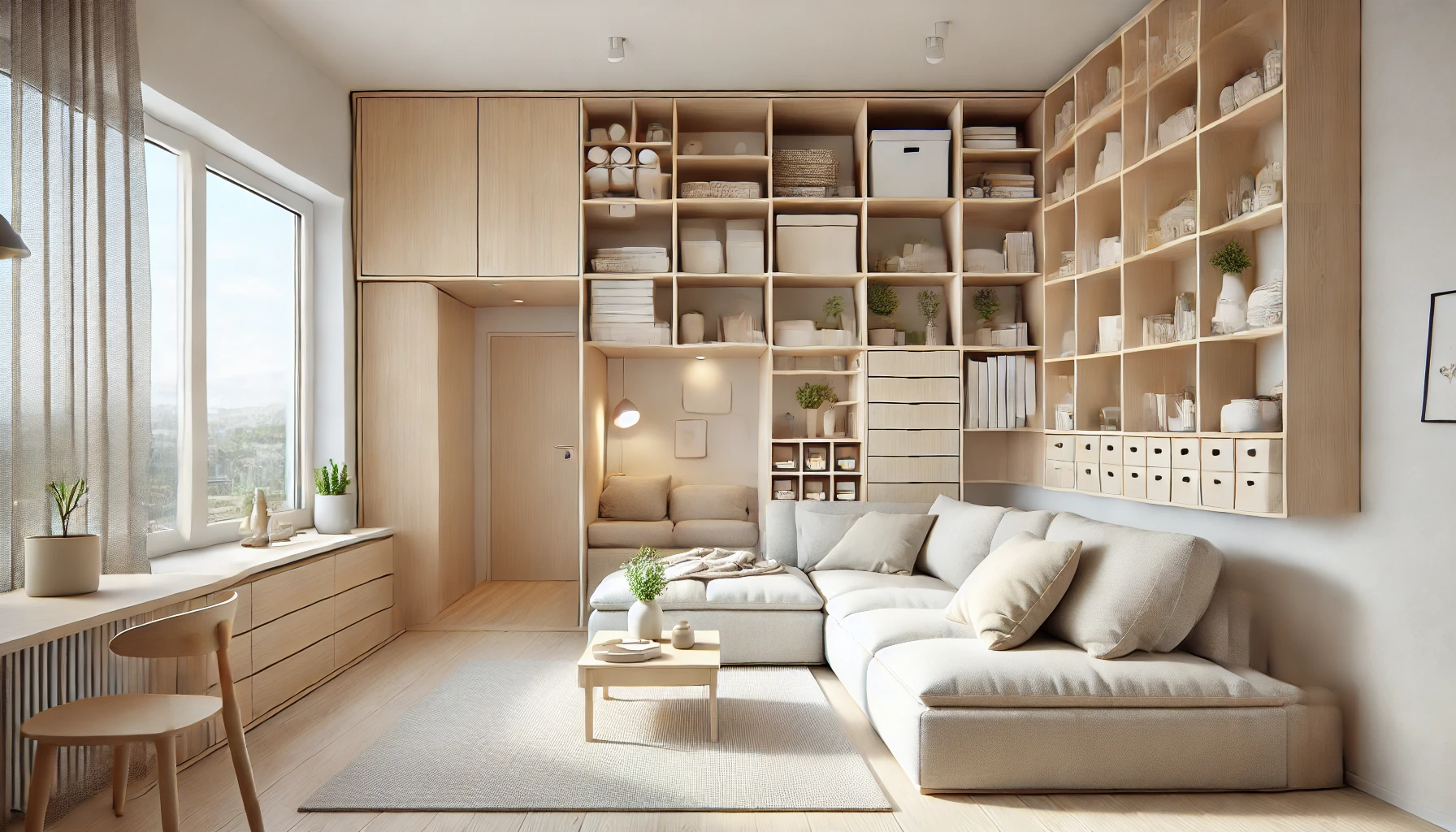 Small, Open Concept Scandinavian Living Space With A Modular Sofa, Floating Shelves, And Smart Storage Solutions, Designed To Maximize Space While Maintaining A Clean And Uncluttered Aesthetic.