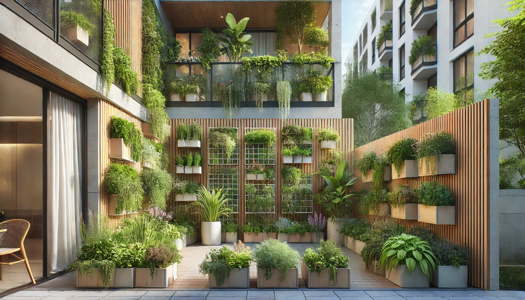 Small Urban Garden Using Vertical Planting Techniques And Container Plants, With Greenery Flourishing In A Compact Space.