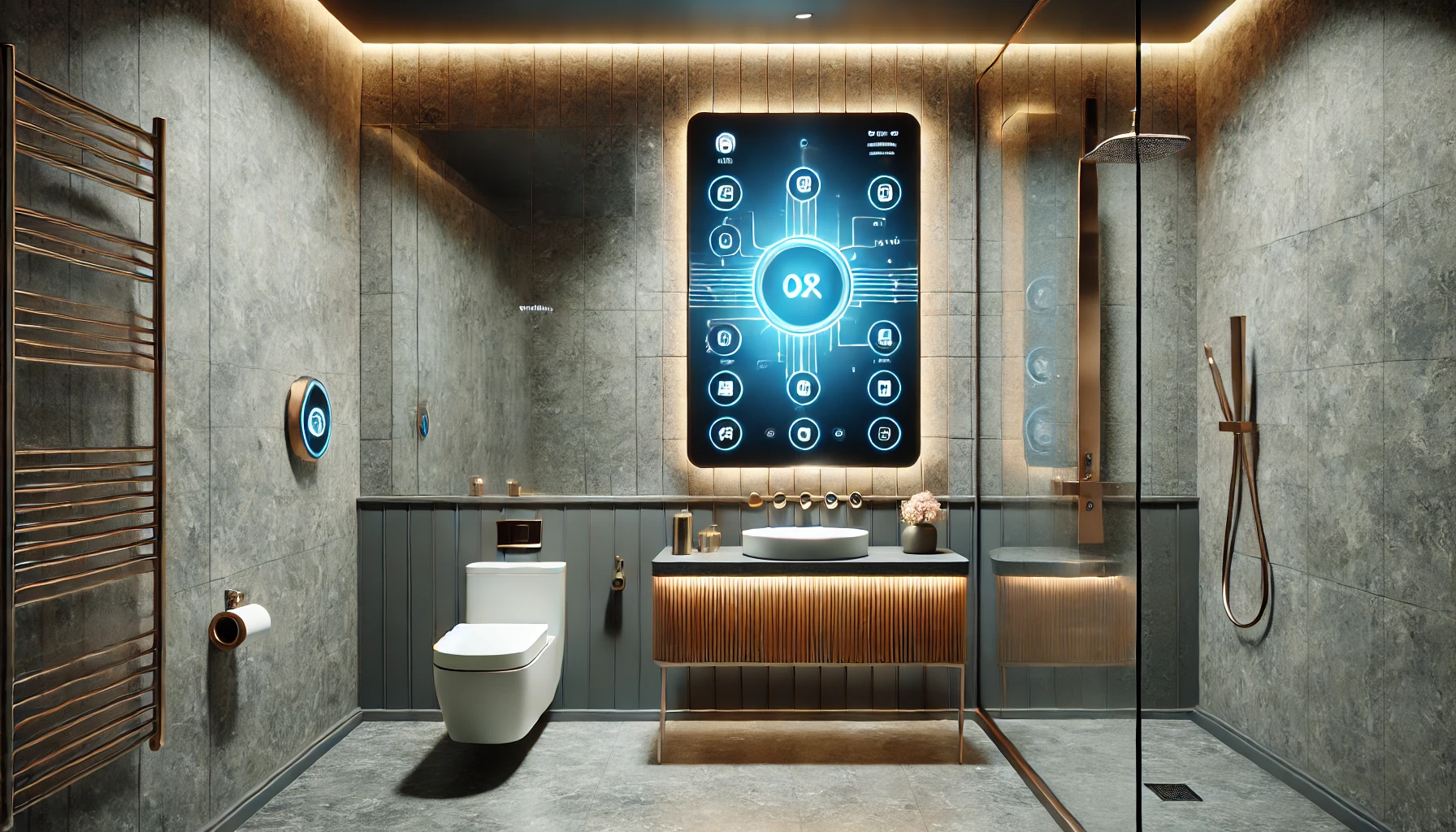 Smart Bathroom Featuring A Touchscreen Mirror, Automated Shower System, And Voice Controlled Lighting.