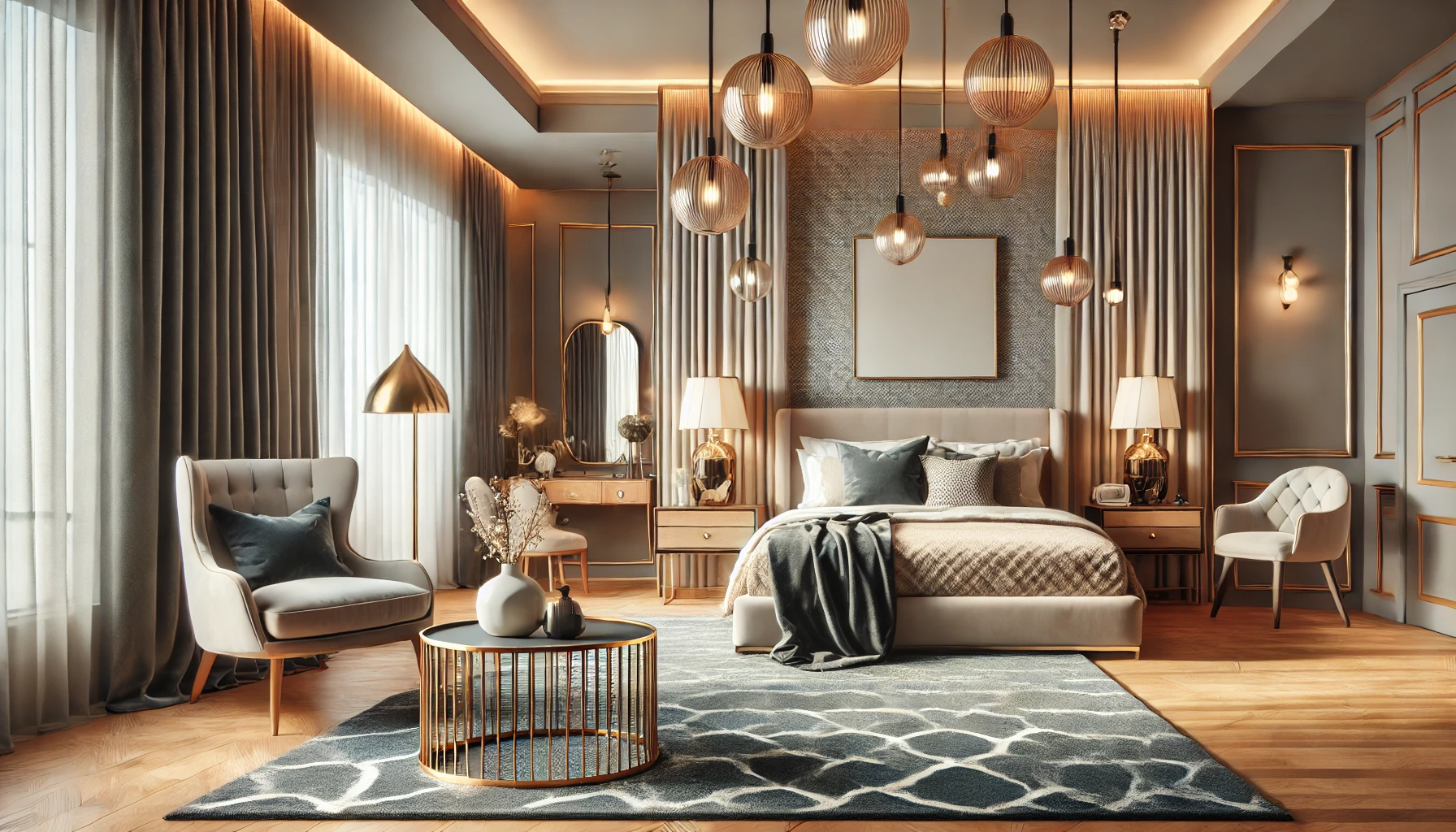 Stunning Bedroom, Featuring A Harmonious Color Palette, Elegant Furniture, And Stylish Decor.