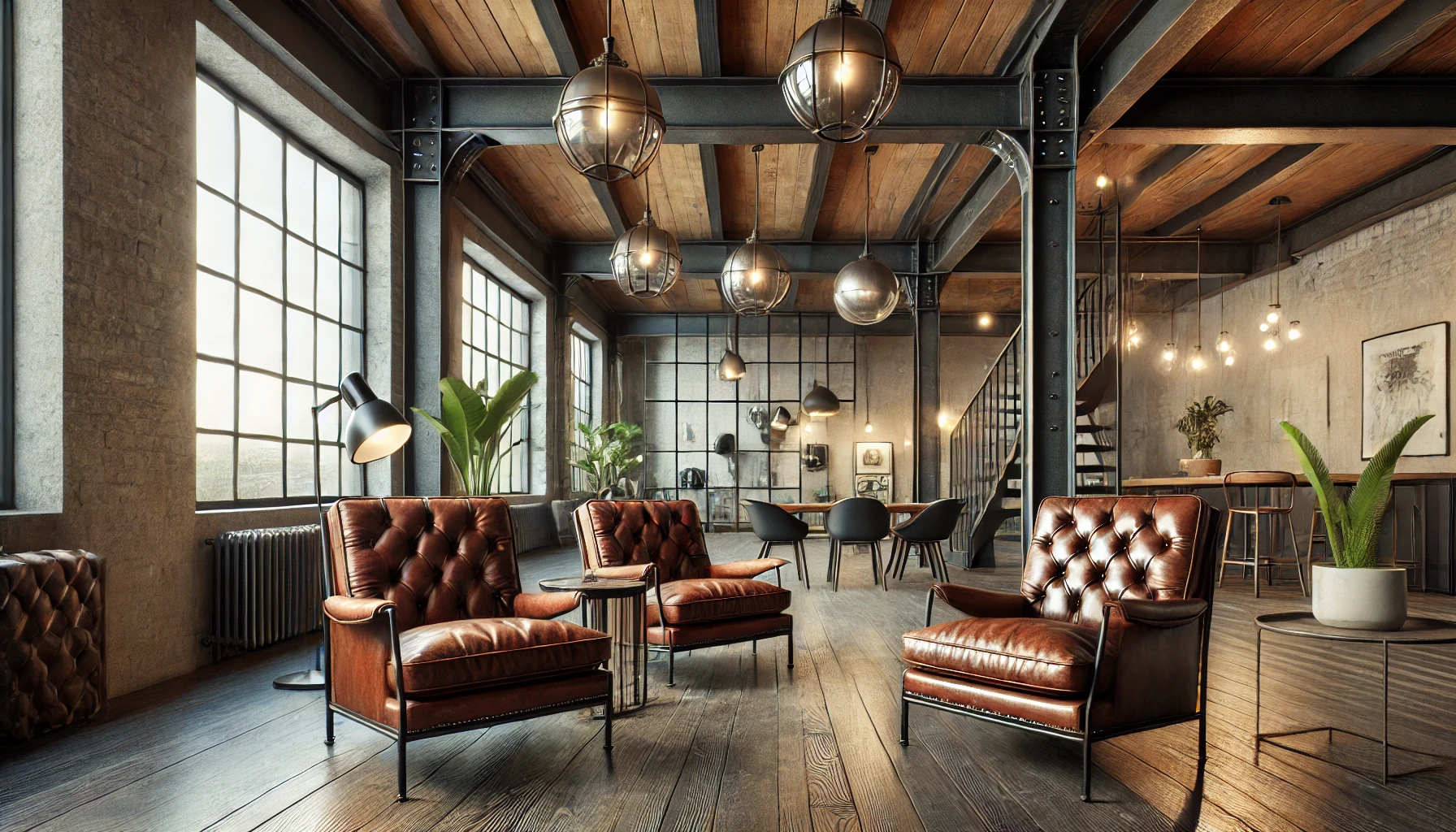 Stylish Industrial Living Room Featuring Vintage Leather Chairs, Wooden Flooring, Steel Beams, And Modern Pendant Lighting.