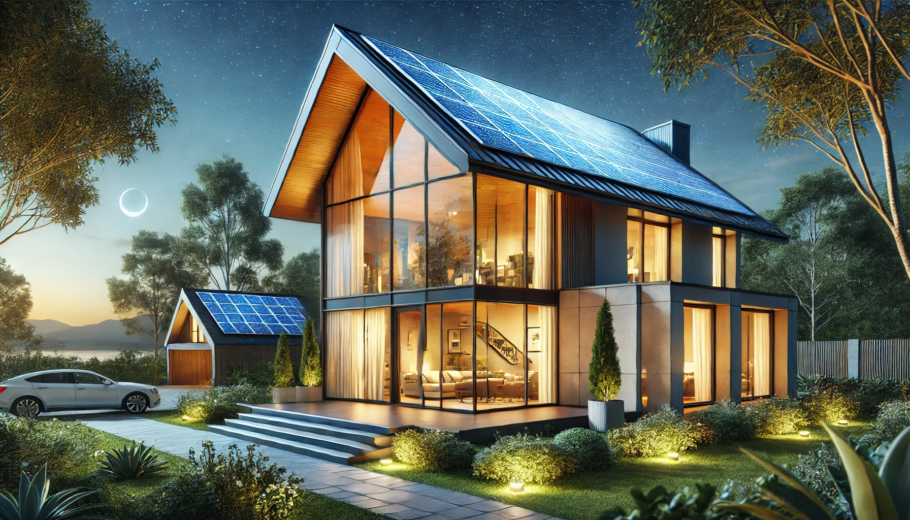 Sustainable Home Exterior Featuring Solar Panels, Energy Efficient Windows, And A Passive Solar Design With Large Windows That Maximize Natural Light.