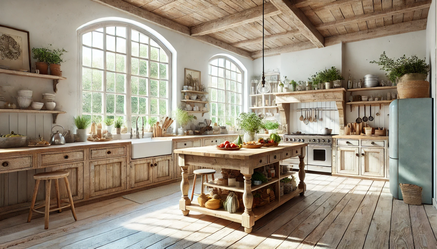 The Bright, Airy Farmhouse Kitchen Featuring Large Windows, A Rustic Wooden Island, Vintage Appliances, And Fresh Ingredients With Plants Adding A Natural Touch.