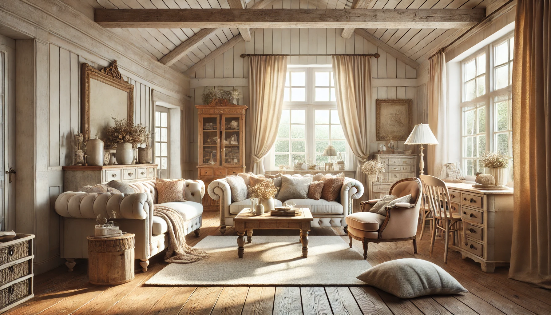 The Charming Farmhouse Living Room Featuring Soft Neutral Colors, Large Comfy Sofas, Vintage Wooden Furniture, And Natural Light Flooding The Space.