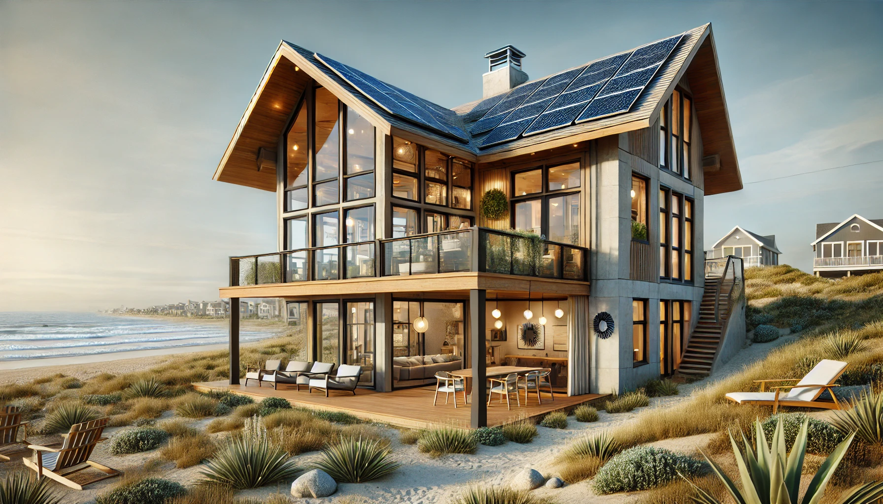 The Coastal Home With Sustainable Features, Including Energy Efficient Windows, Solar Panels, And Natural Ventilation.