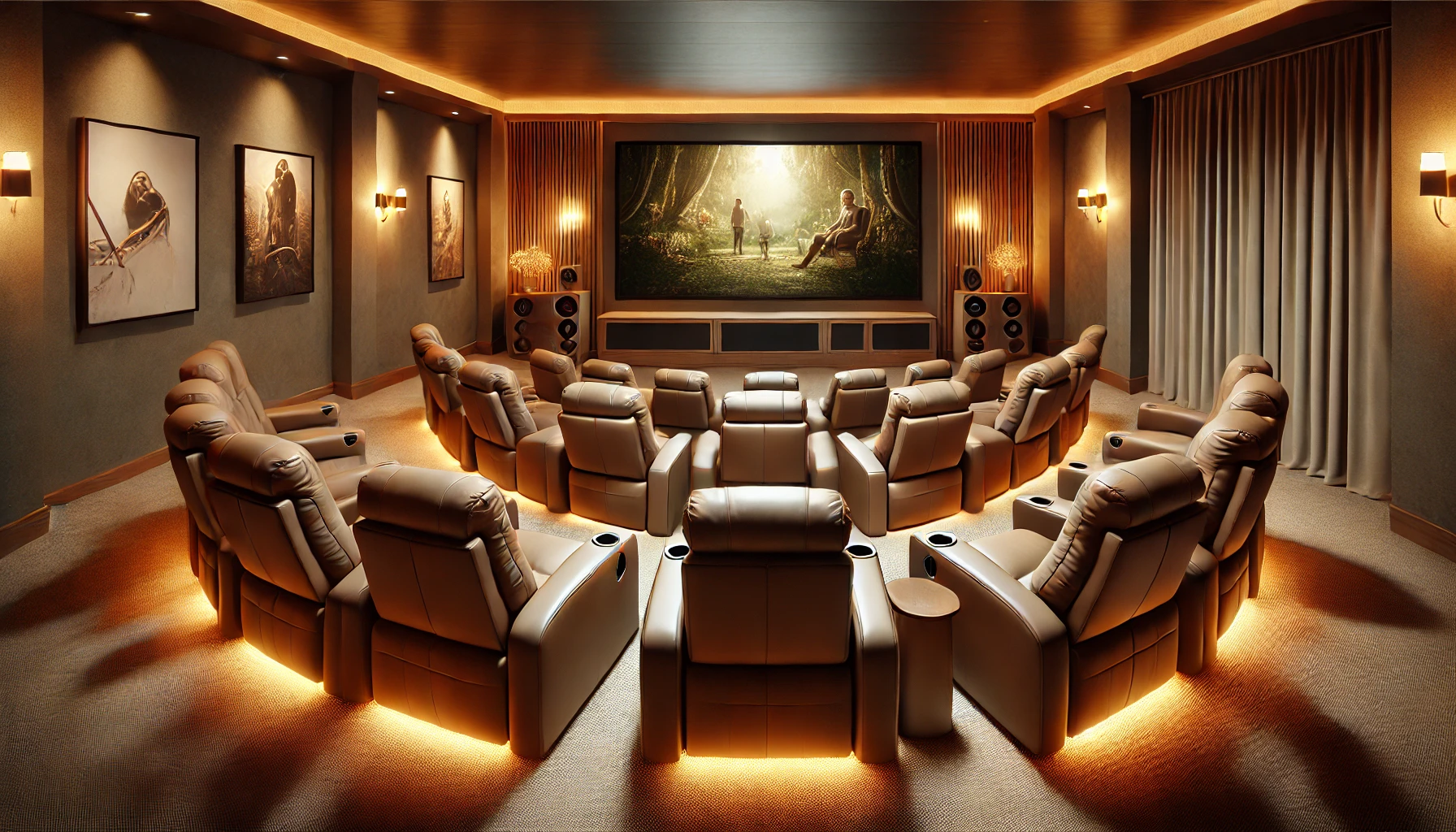 The Comfortable Home Theater Image With Leather Recliners Arranged In A Curved Layout, Featuring A Large Screen And Cozy Lighting.