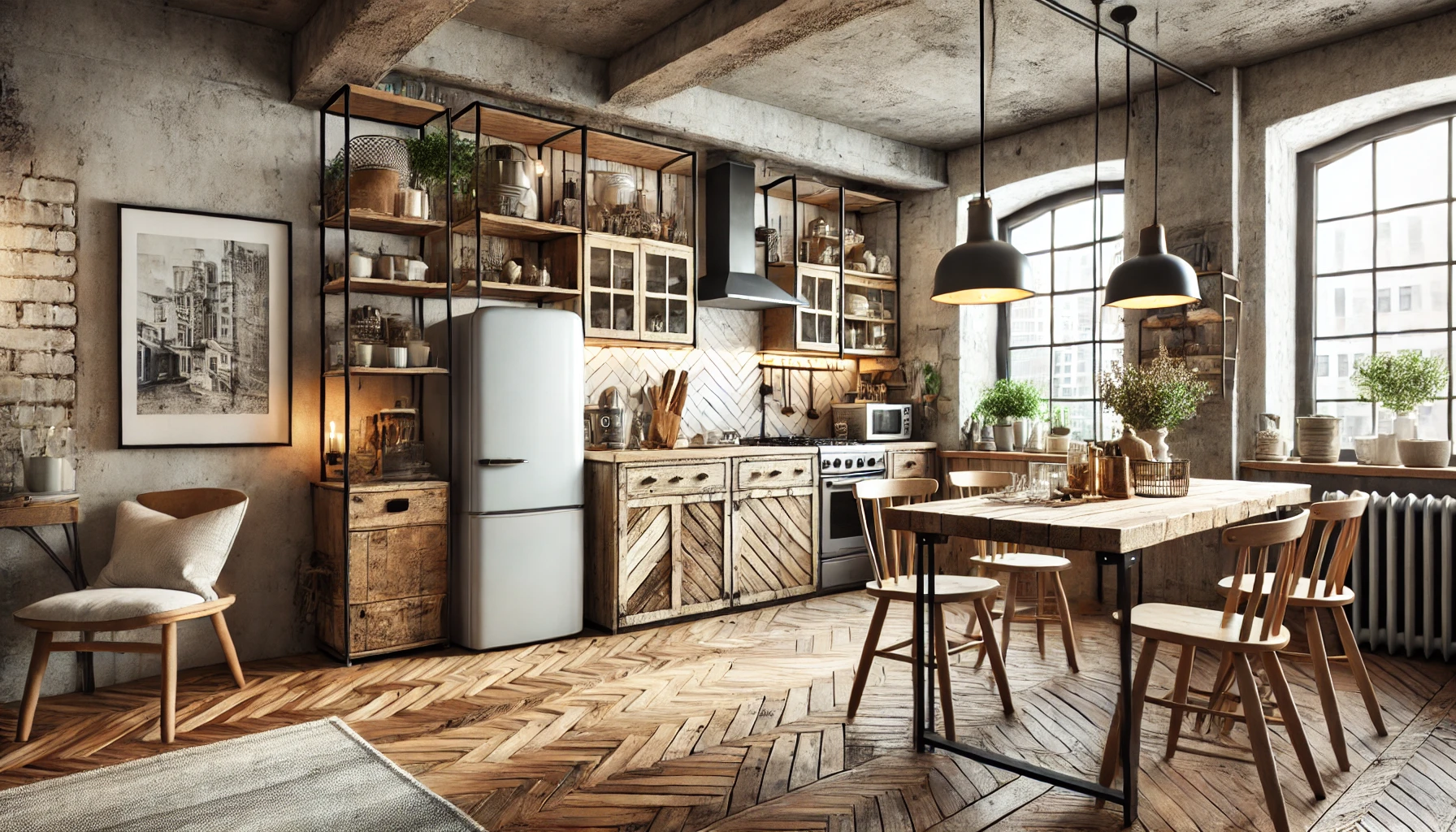 The Contemporary Farmhouse Design In A City Apartment, Blending A Small Rustic Kitchen With Distressed Wood Furniture And Modern Accents.