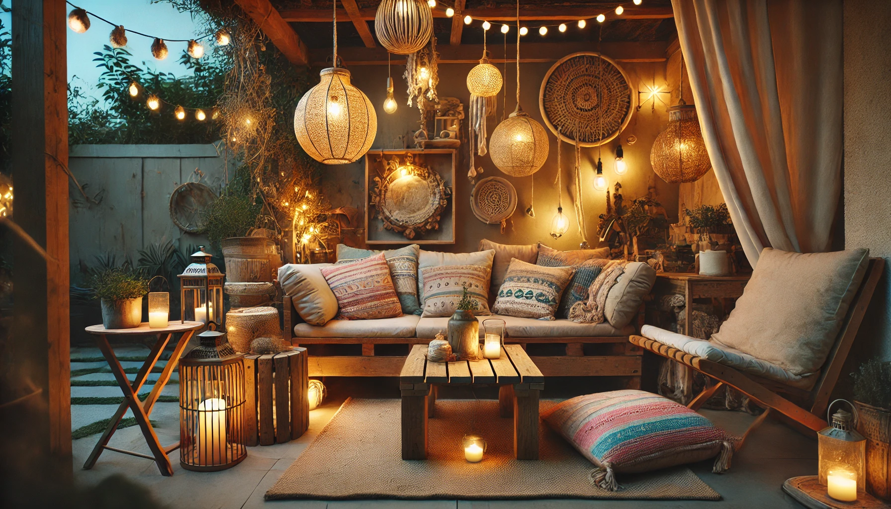 The Cozy Diy Outdoor Living Space With Repurposed Furniture, Handmade Decor Elements, And Soft Lighting, Creating A Personal, Creative Retreat.