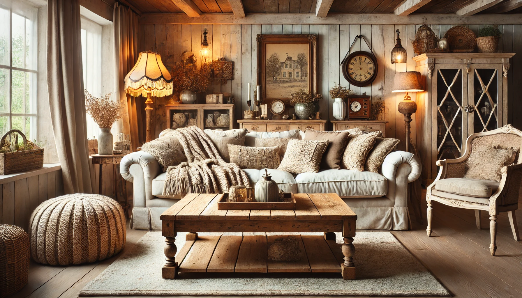 The Cozy Farmhouse Living Room Featuring A Distressed Wooden Coffee Table, Plush Sofa, Soft Throw Blankets, Decorative Shiplap Walls, Vintage Accents, And Warm Lighting.