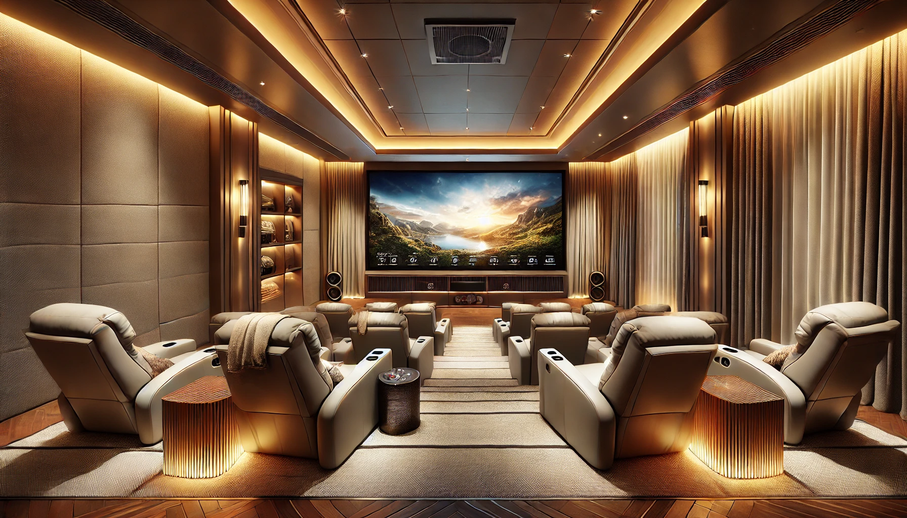 The Elegant Home Theater Image Designed To Add Value To The Home, With A Large Screen, Plush Recliners, And Ambient Lighting.