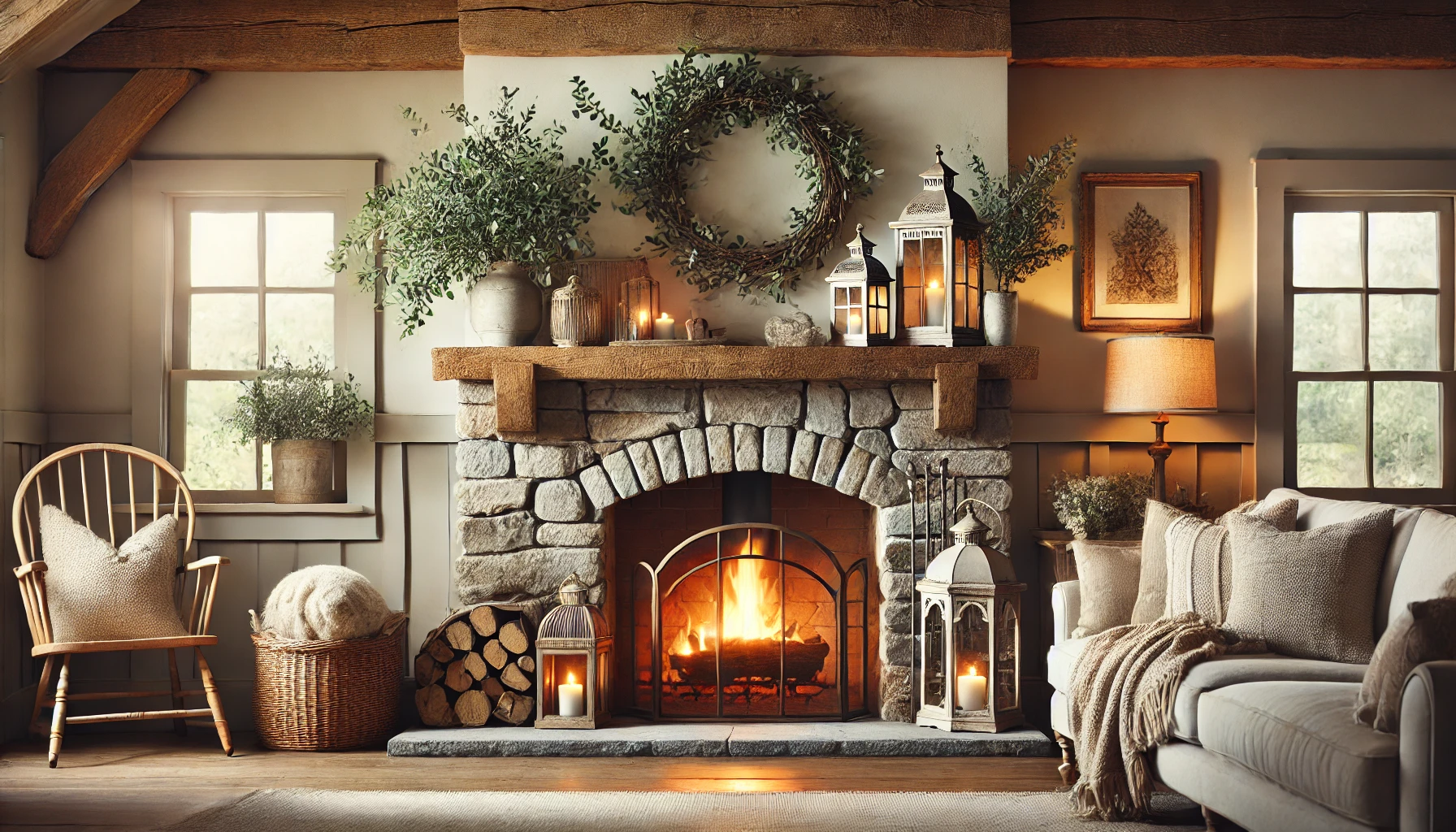 The Farmhouse Style Living Room With A Stone Fireplace, Rustic Wooden Mantel Decorated With Vintage Lanterns And Greenery, And A Glowing Fire Creating A Cozy Ambiance.