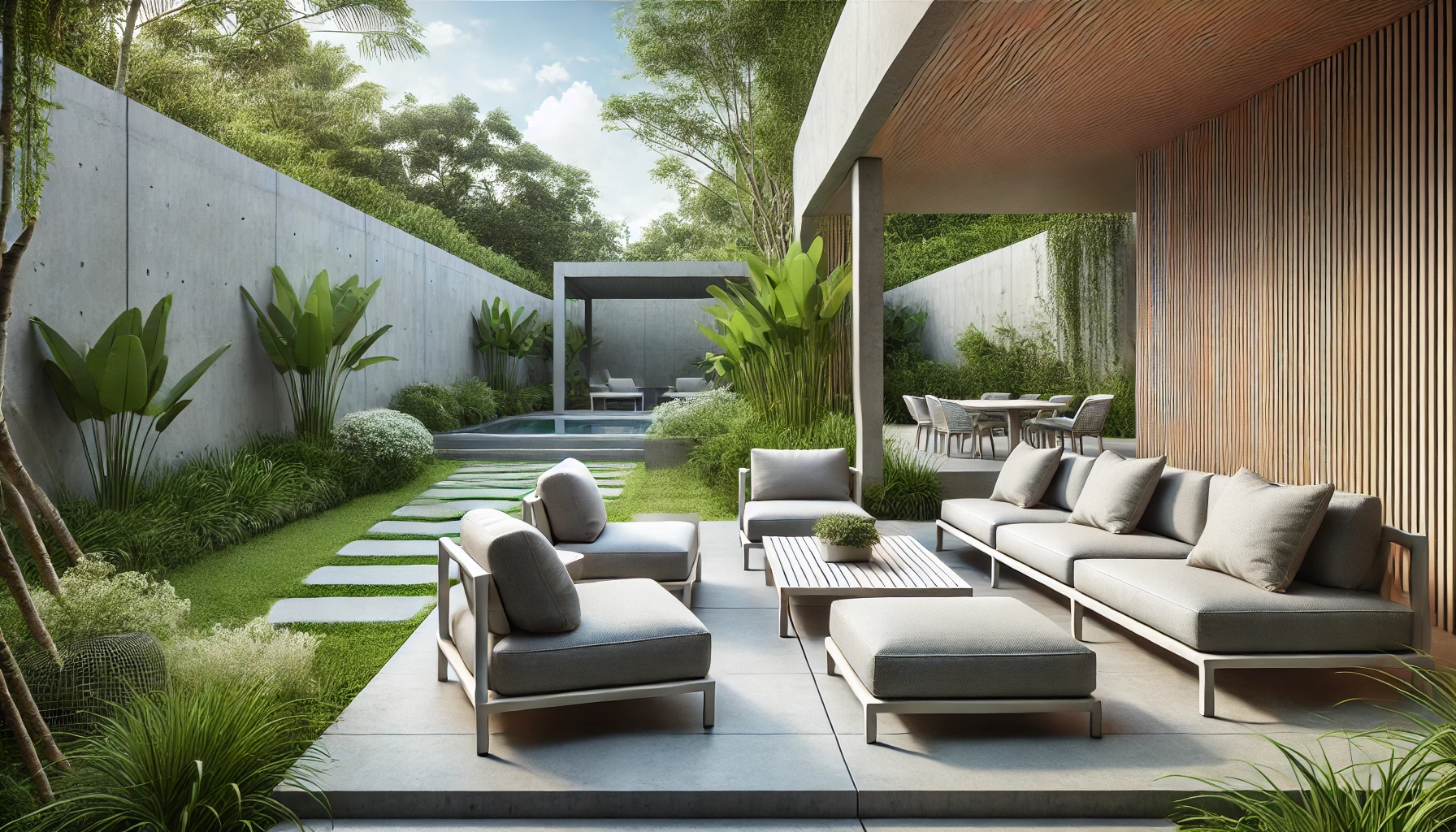 The Image Of A Contemporary Outdoor Patio With Comfortable Seating, Weather Resistant Furniture, And A Minimalist Design, Surrounded By Greenery.