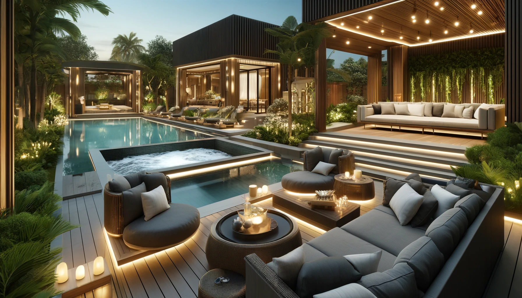 The Image Of A Luxurious Outdoor Living Area With High End Furniture, A Pool, And A Stylish Hot Tub, Creating A Resort Like Experience In A Backyard.