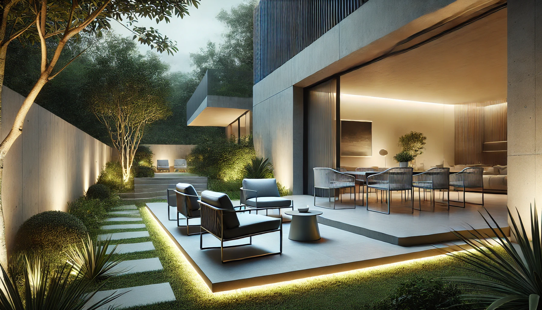 The Image Of A Modern Outdoor Patio With Sleek Furniture, Minimalist Design, And Ambient Lighting, Set In A Lush, Landscaped Backyard.