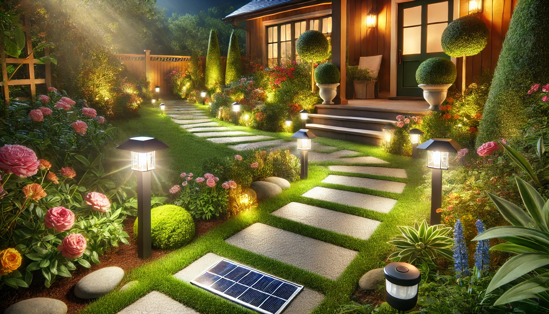 The Inviting Outdoor Scene Featuring A Beautifully Illuminated Garden Walkway Lined With Solar Powered Pathway Lights.