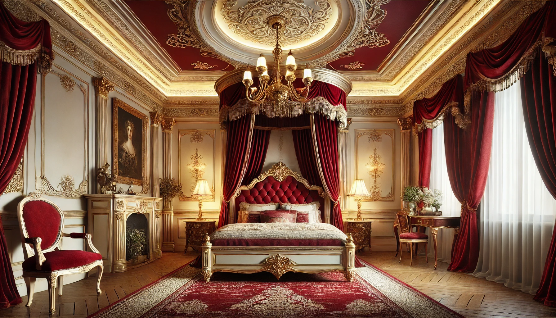 The Luxurious Victorian Bedroom Featuring A Four Poster Bed With Deep Red Velvet Drapes, Gold Accents, Intricate Moldings On The Ceiling, And Vintage Chandeliers.