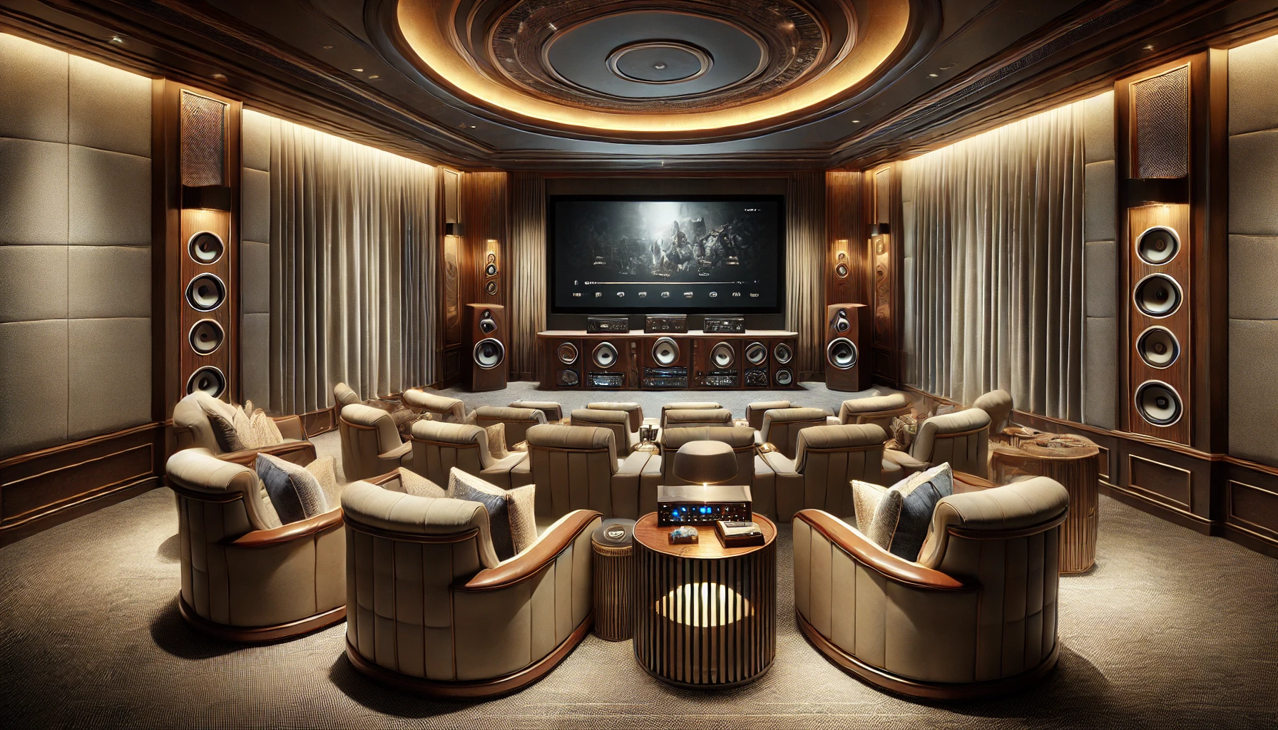 The Luxurious Home Theater Image With A Surround Sound System, High End Speakers, And Plush, Elegant Seating.