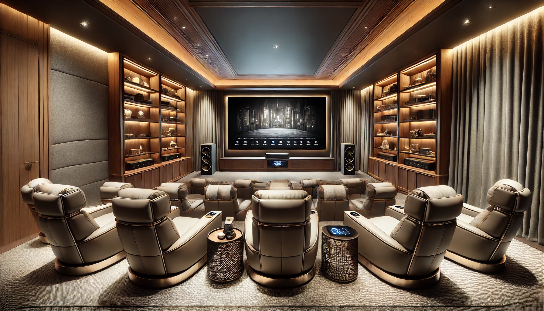 The Luxurious Home Theater Image With Premium Seating, A Large Screen, And Sophisticated Decor In A Modern Home.