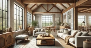 The Modern Farmhouse Living Room Image With Large Windows, Wooden Beams, Neutral Colors, And Rustic Furniture Blended With Contemporary Decor, Exuding Warmth And Charm.