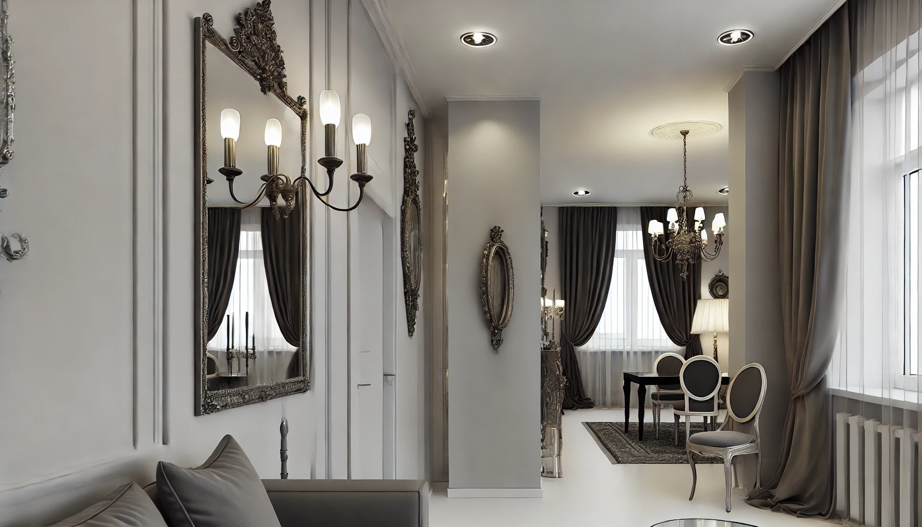 The Modern Home Interior With Victorian Elements Such As Vintage Lighting, Ornate Mirrors, And Luxurious Drapes. The Combination Of Styles Creates A Harmonious And Elegant Space.